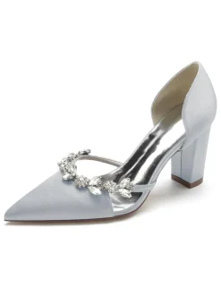 Women's Wedding Shoes Rhinestones Dorsay Chunky Heel Pumps in Satin