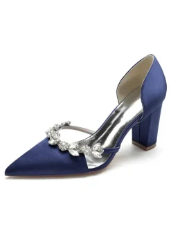 Women's Wedding Shoes Rhinestones Dorsay Chunky Heel Pumps in Satin