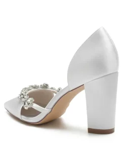 Women's Wedding Shoes Rhinestones Dorsay Chunky Heel Pumps in Satin