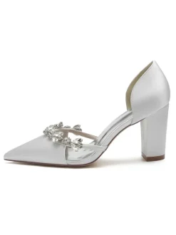 Women's Wedding Shoes Rhinestones Dorsay Chunky Heel Pumps in Satin
