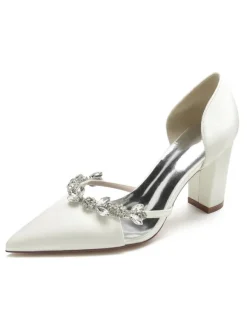 Women's Wedding Shoes Rhinestones Dorsay Chunky Heel Pumps in Satin