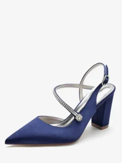 Women's Wedding Shoes Satin Deep Blue Pointed Toe Rhinestones Chunky Heel Bridal Shoes