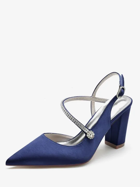 Women's Wedding Shoes Satin Deep Blue Pointed Toe Rhinestones Chunky Heel Bridal Shoes