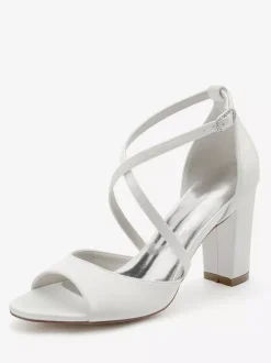 Women's Wedding Shoes Satin Peep Toe Block Heel Bridal Shoes