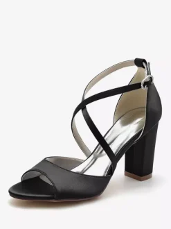 Women's Wedding Shoes Satin Peep Toe Block Heel Bridal Shoes
