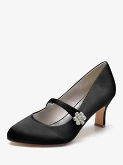 Women's Wedding Shoes Satin White Round Toe Rhinestones Chunky Heel Vintage Bridal Shoes
