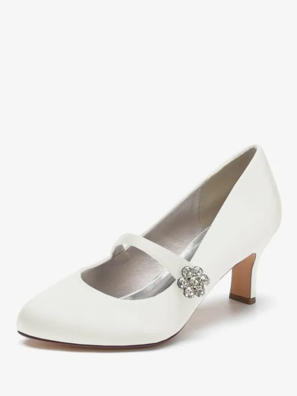 Women's Wedding Shoes Satin White Round Toe Rhinestones Chunky Heel Vintage Bridal Shoes