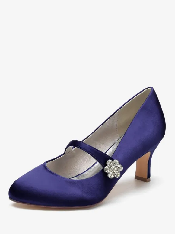 Women's Wedding Shoes Satin White Round Toe Rhinestones Chunky Heel Vintage Bridal Shoes