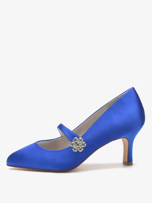 Women's Wedding Shoes Satin White Round Toe Rhinestones Chunky Heel Vintage Bridal Shoes