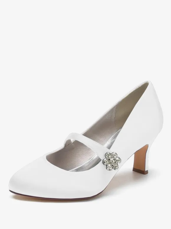 Women's Wedding Shoes Satin White Round Toe Rhinestones Chunky Heel Vintage Bridal Shoes
