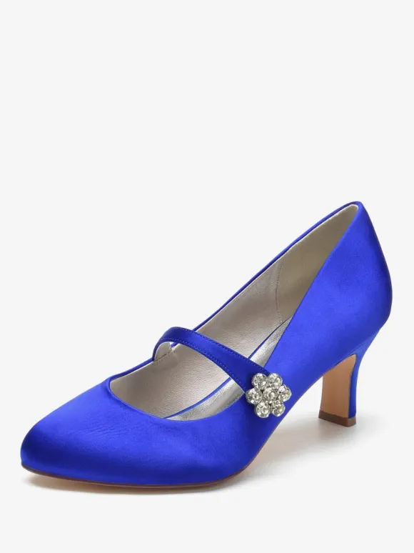 Women's Wedding Shoes Satin White Round Toe Rhinestones Chunky Heel Vintage Bridal Shoes