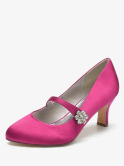 Women's Wedding Shoes Satin White Round Toe Rhinestones Chunky Heel Vintage Bridal Shoes