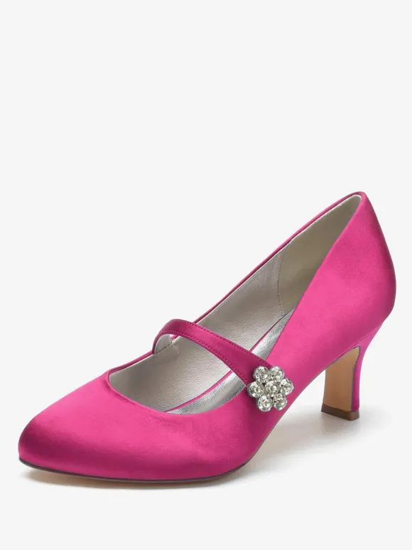 Women's Wedding Shoes Satin White Round Toe Rhinestones Chunky Heel Vintage Bridal Shoes