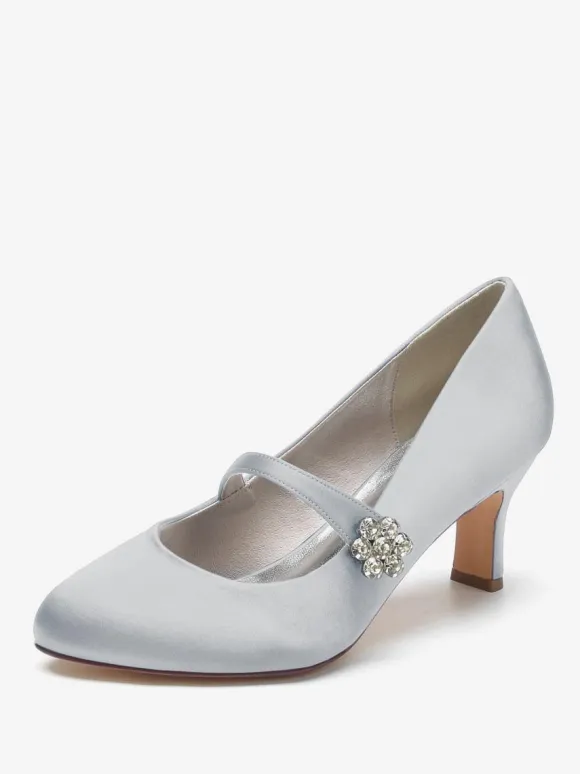 Women's Wedding Shoes Satin White Round Toe Rhinestones Chunky Heel Vintage Bridal Shoes