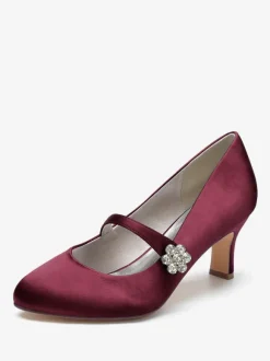 Women's Wedding Shoes Satin White Round Toe Rhinestones Chunky Heel Vintage Bridal Shoes