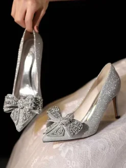 Women's Wedding Shoes Sequined Silver Pointed Toe Rhinestones Bow Stiletto Heel Party Shoes