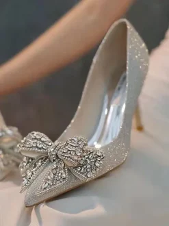 Women's Wedding Shoes Sequined Silver Pointed Toe Rhinestones Bow Stiletto Heel Party Shoes