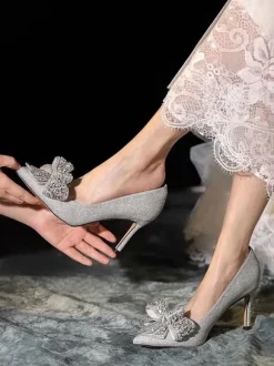 Women's Wedding Shoes Sequined Silver Pointed Toe Rhinestones Bow Stiletto Heel Party Shoes
