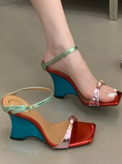 Women's Wedge Sandals Open Toe Buckle Detail Backless Sandal Shoes