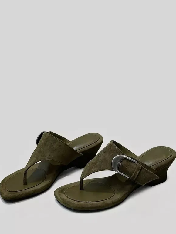 Women's Wedge Sandals Suede Flip Flop Buckle Detail Slides