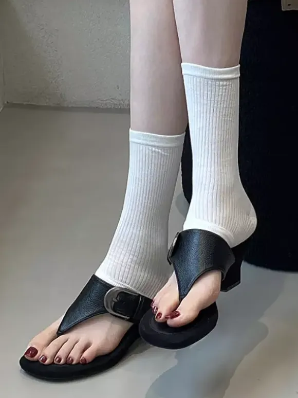 Women's Wedge Sandals Suede Flip Flop Buckle Detail Slides