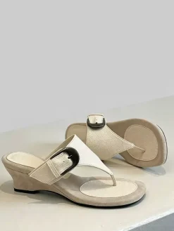 Women's Wedge Sandals Suede Flip Flop Buckle Detail Slides