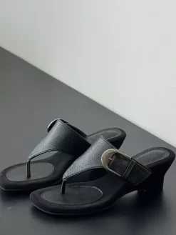 Women's Wedge Sandals Suede Flip Flop Buckle Detail Slides