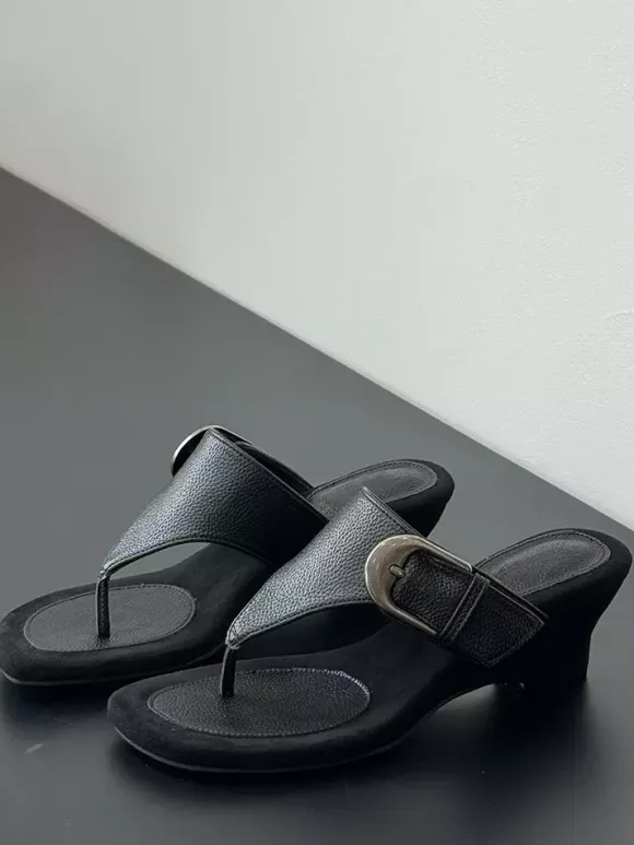 Women's Wedge Sandals Suede Flip Flop Buckle Detail Slides