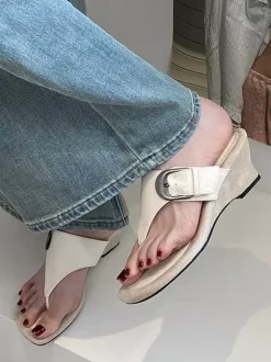 Women's Wedge Sandals Suede Flip Flop Buckle Detail Slides