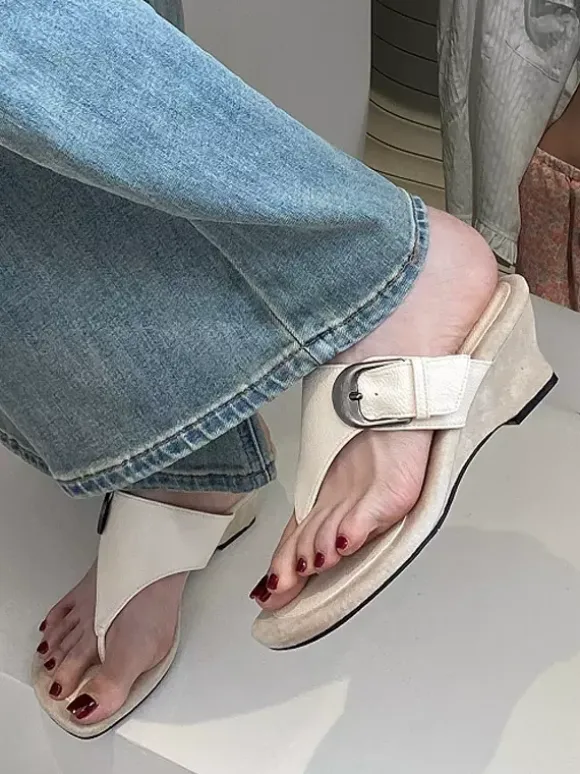Women's Wedge Sandals Suede Flip Flop Buckle Detail Slides