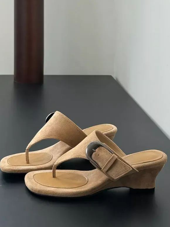 Women's Wedge Sandals Suede Flip Flop Buckle Detail Slides