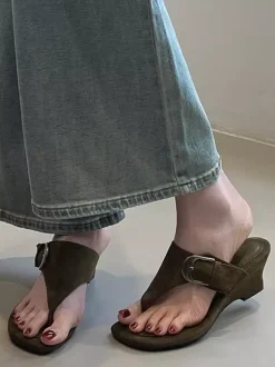 Women's Wedge Sandals Suede Flip Flop Buckle Detail Slides