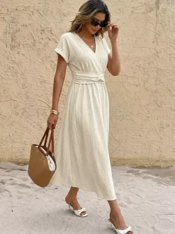 Women's White Black Striped Ribbed Bodycon Midi Dress - Sleeveless Scoop Neck Casual Summer Dress