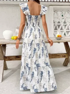 Women's White Blue Leaf Print Square Neck Maxi Dress Smocked Ruffle Sleeve Tiered Casual Summer Dress