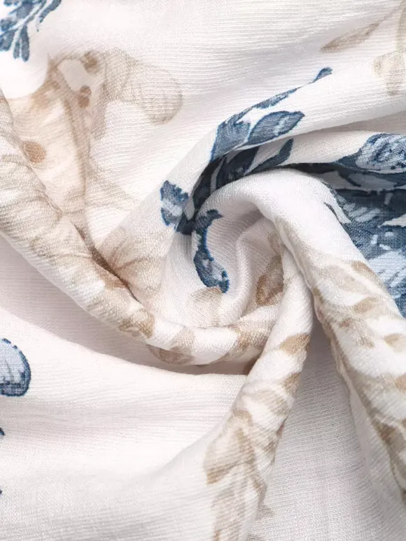 Women's White Blue Leaf Print Square Neck Maxi Dress Smocked Ruffle Sleeve Tiered Casual Summer Dress