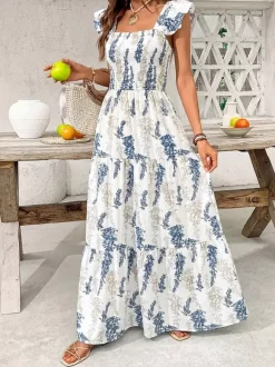 Women's White Blue Leaf Print Square Neck Maxi Dress Smocked Ruffle Sleeve Tiered Casual Summer Dress