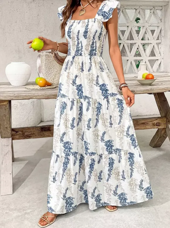 Women's White Blue Leaf Print Square Neck Maxi Dress Smocked Ruffle Sleeve Tiered Casual Summer Dress