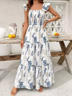 Women's White Blue Leaf Print Square Neck Maxi Dress Smocked Ruffle Sleeve Tiered Casual Summer Dress