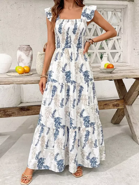 Women's White Blue Leaf Print Square Neck Maxi Dress Smocked Ruffle Sleeve Tiered Casual Summer Dress
