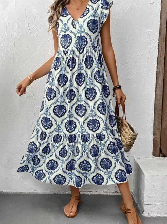 Women's White Blue Medallion Print Tiered Midi Dress V Neck Ruffle Cap Sleeve Casual Summer Dress