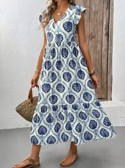 Women's White Blue Medallion Print Tiered Midi Dress V Neck Ruffle Cap Sleeve Casual Summer Dress