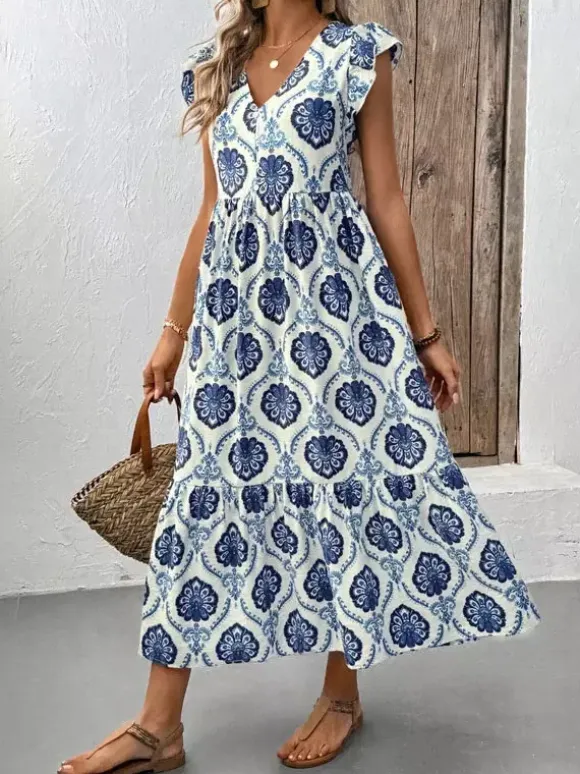 Women's White Blue Medallion Print Tiered Midi Dress V Neck Ruffle Cap Sleeve Casual Summer Dress