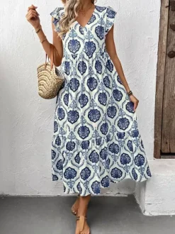 Women's White Blue Medallion Print Tiered Midi Dress V Neck Ruffle Cap Sleeve Casual Summer Dress
