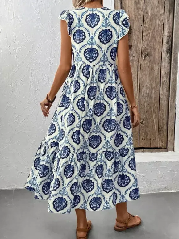 Women's White Blue Medallion Print Tiered Midi Dress V Neck Ruffle Cap Sleeve Casual Summer Dress
