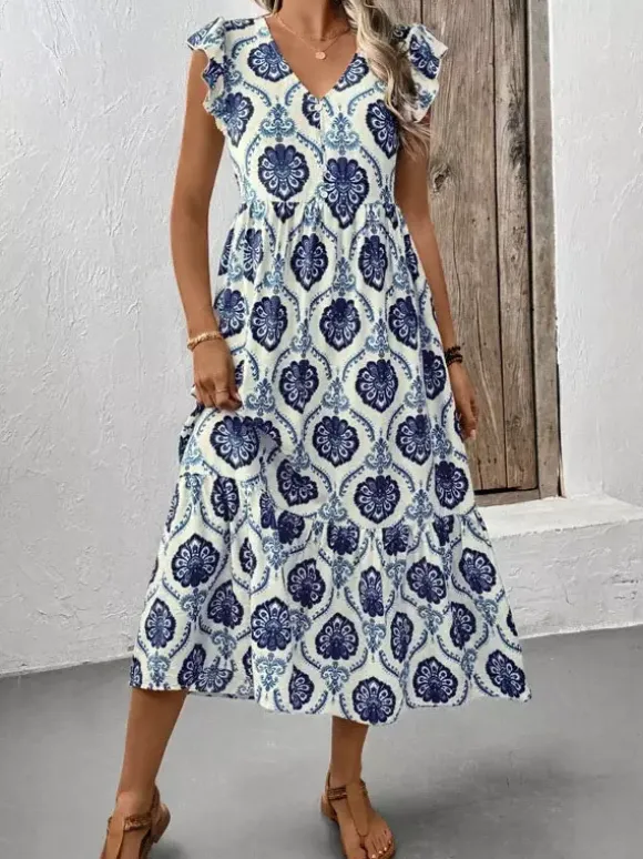 Women's White Blue Medallion Print Tiered Midi Dress V Neck Ruffle Cap Sleeve Casual Summer Dress