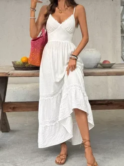 Women's White Lace Trim Spaghetti Strap Maxi Dress V Neck Tiered Flowy Summer Beach Dress