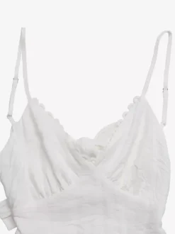 Women's White Lace Trim Spaghetti Strap Maxi Dress V Neck Tiered Flowy Summer Beach Dress