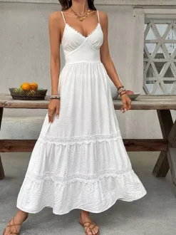 Women's White Lace Trim Spaghetti Strap Maxi Dress V Neck Tiered Flowy Summer Beach Dress