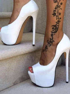 Womens White Peep Toe Heels Platform Heels Stiletto Heel Pumps