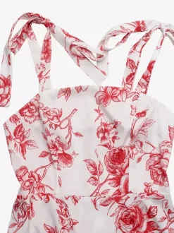 Women's White Red Floral Print Maxi Dress Square Neck Tie Strap Tiered Flowy Summer Beach Dress